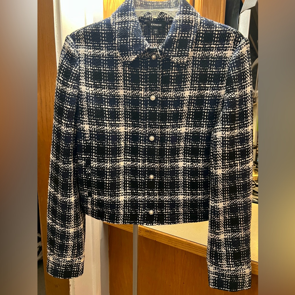 Express Tweed Boucle Plaid Jacket Blazer Pearl Buttons Navy Black White S Chic
